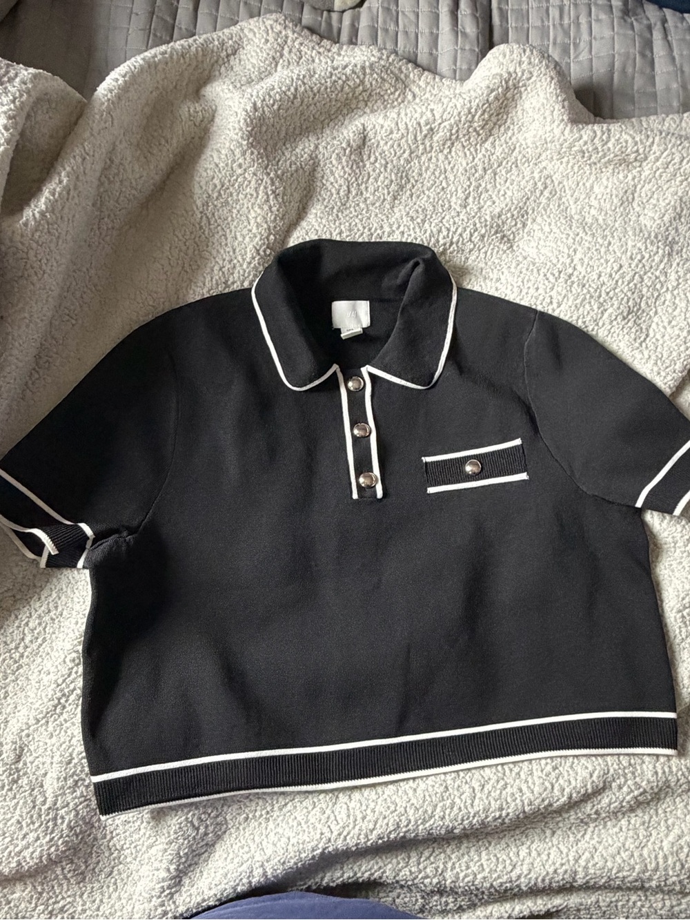 H&M Black Short-Sleeve Polo Top with White Trim